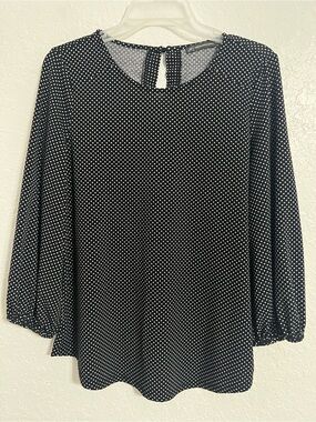 Adrianna Papell Blouse Womens M Medium  Black Polka Dot 3/4 Sleeve #600